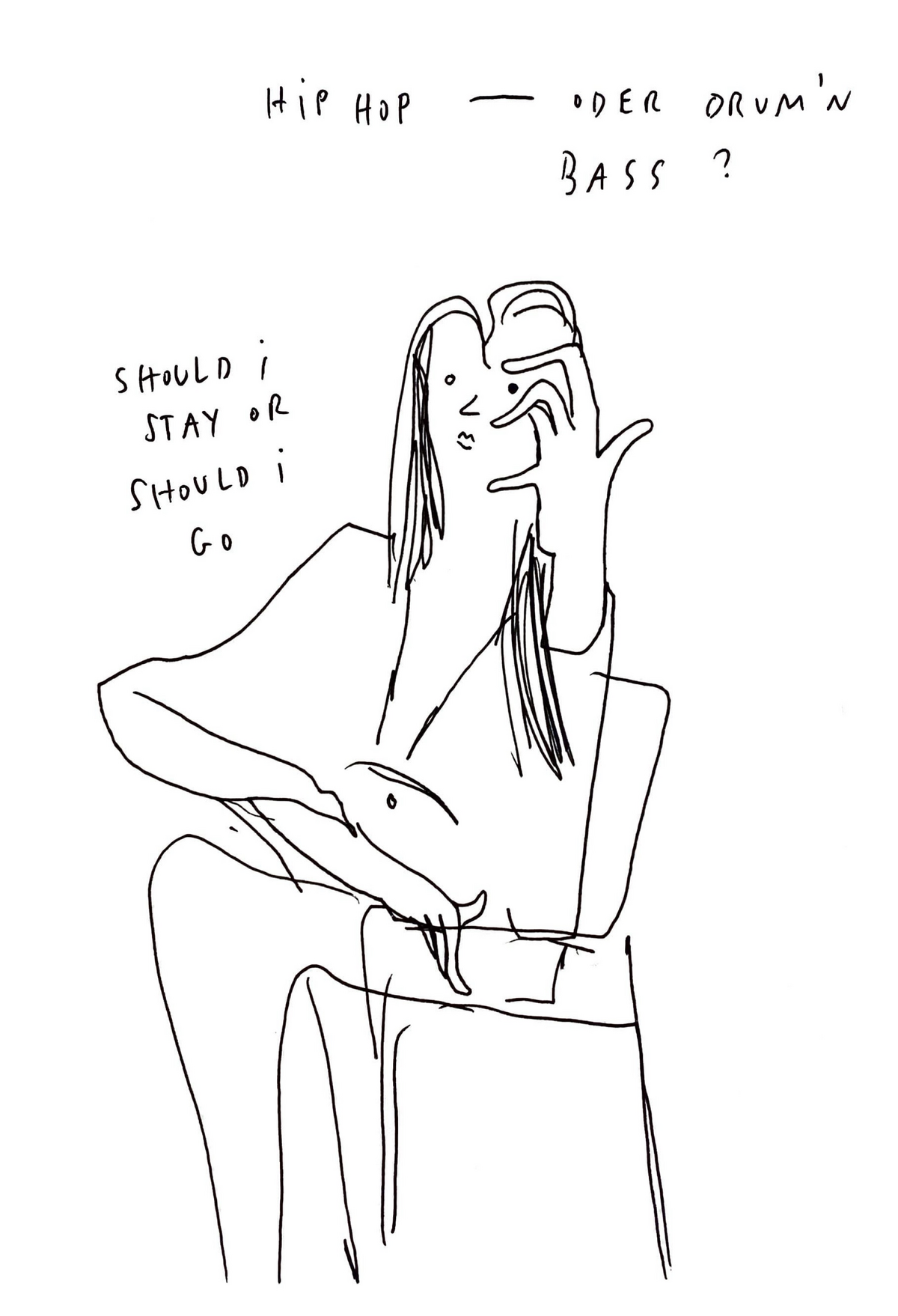 Eine Person mit langen Haaren, die ein uneindeutiges Zeichen mit ihren Händen vor ihrem Gesicht macht. Sie sitzt auf einem Stuhl, die Beine überschlagen. Der Mund zusammengezogen. Über der Person steht "Hip Hop - oder Drum`n Bass?". Über der linken Schulter steht "Schould i stay or should i go"