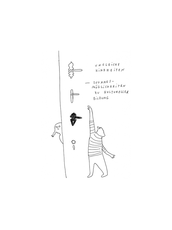 Man sieht zwei Kinder. Ein Kind steht vo der Tür. An der Tür befinden sich vier Türklinken in verschiednenen Höhen. Das Kind trägt einen gestreiften Pullover. Es greift nach oben zu einer Tüklinke. Von dem zweiten Kind sieht man nur den Kopf und einen Zopf, da es hinter der Tür hervor schaut. Auf der Tür steht 