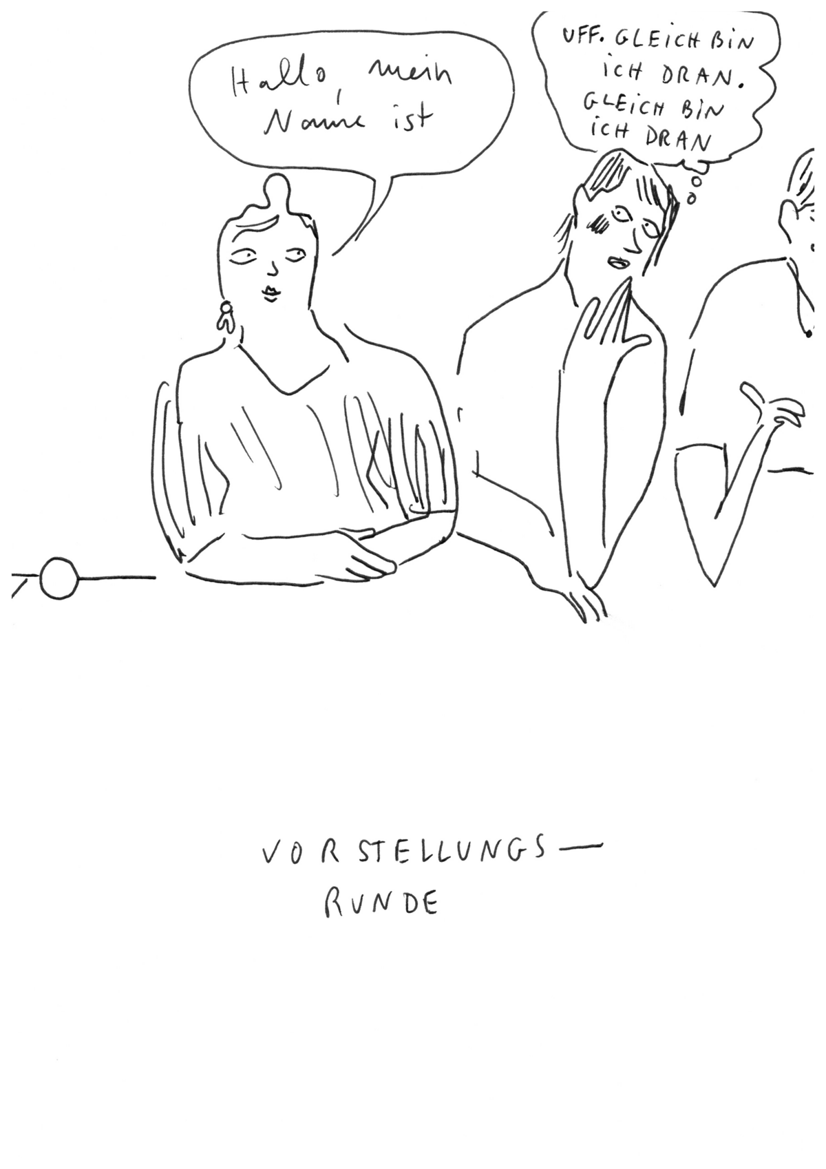 Man sieht die Oberkörper von zwei Personen. Über der linken Person ist eine Sprechblase darin steht: "Hallo, mein Name ist". Die Person rechts neben ihr beugt sisch etwas von ihr weg. Über ihrem Kopf steht: "Uff. Gleich bin ich dran. Gleich bin ich dran". 