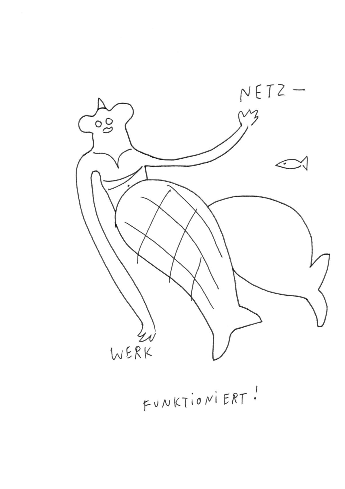 Man sieht eine Peron mit Fischflosse. Im Hintergrund ist ein Fisch. Neben und unter der Figur steht "Netzwerk Funktioniert!"