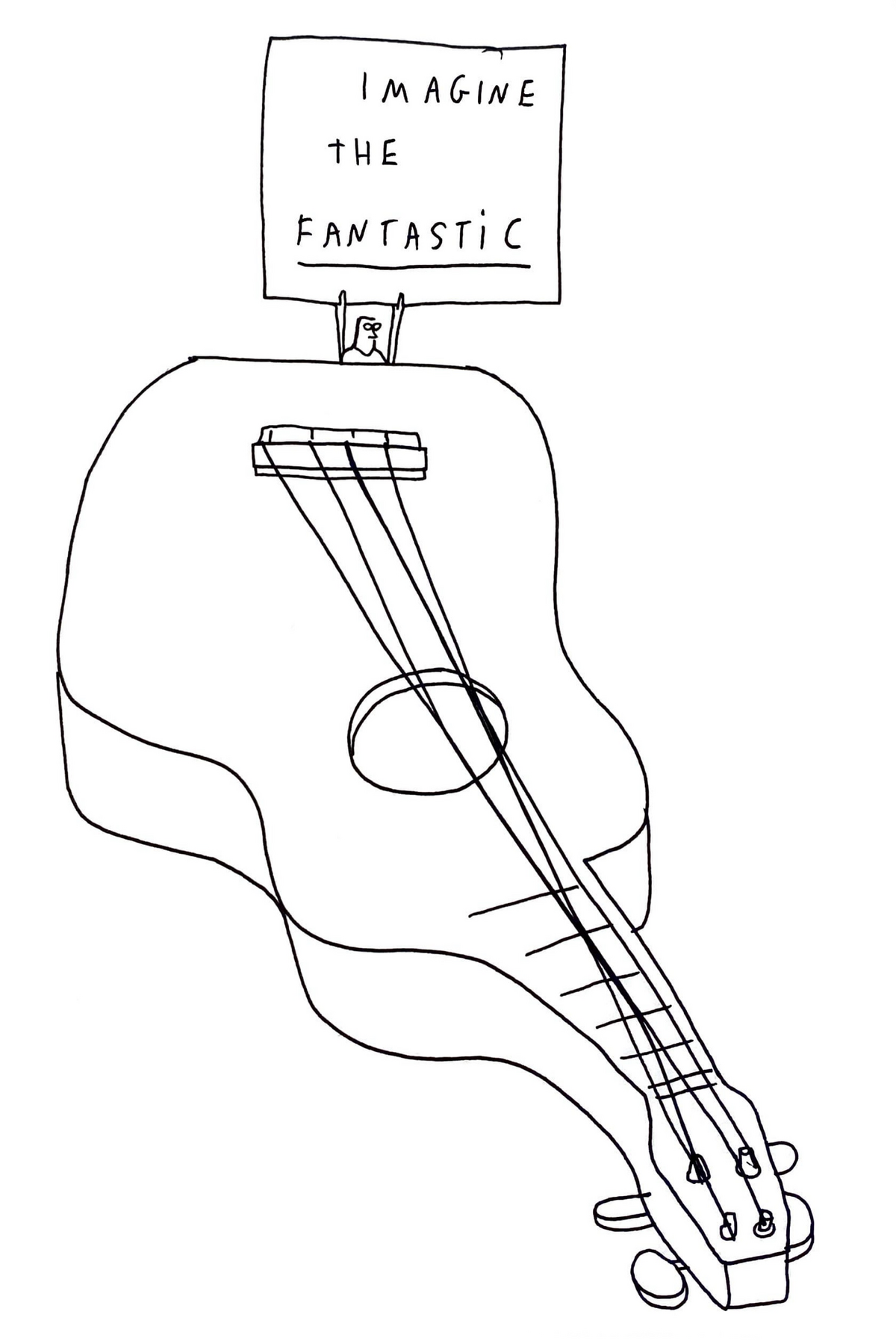 Man sieht eine gezeichnete Ukulele. Am Ende steht eine kleine Person, die ein Schild hochhält auf dem steht "Imagine the fantastic". 