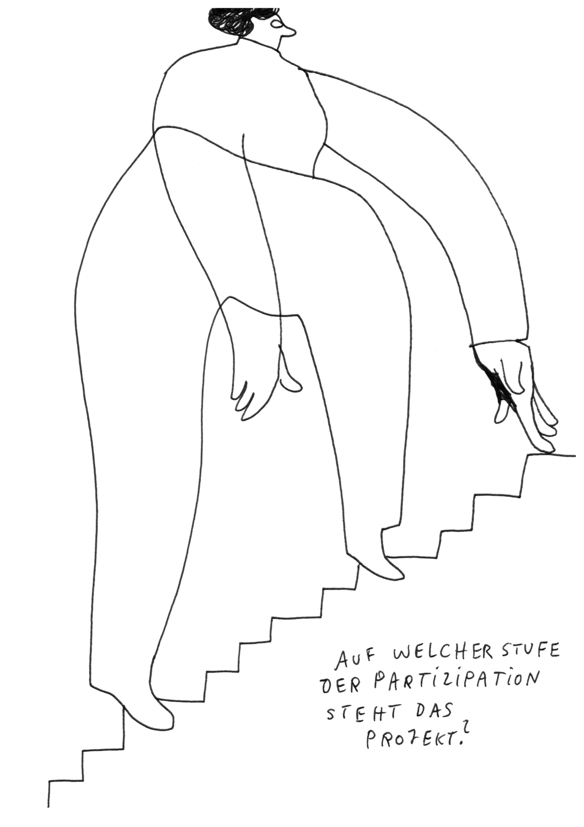 Man sieht eine übergroße Figur. Mit sehr langen Beinen und Armen. Die Person läuft eine Treppe hoch mit den Beinen und mit einer Hand. 